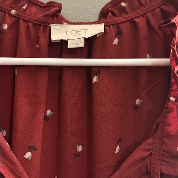 LOFT XS Burgundy Floral Tie Neck Blouse Cottagecore Boho Long Sleeve - Picture 6 of 8